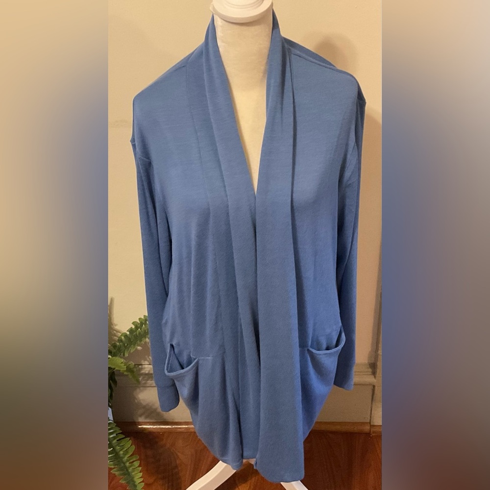H by Halston Cardigan Medium Heather Blue Open Style Coastal Lagenlook, Layering